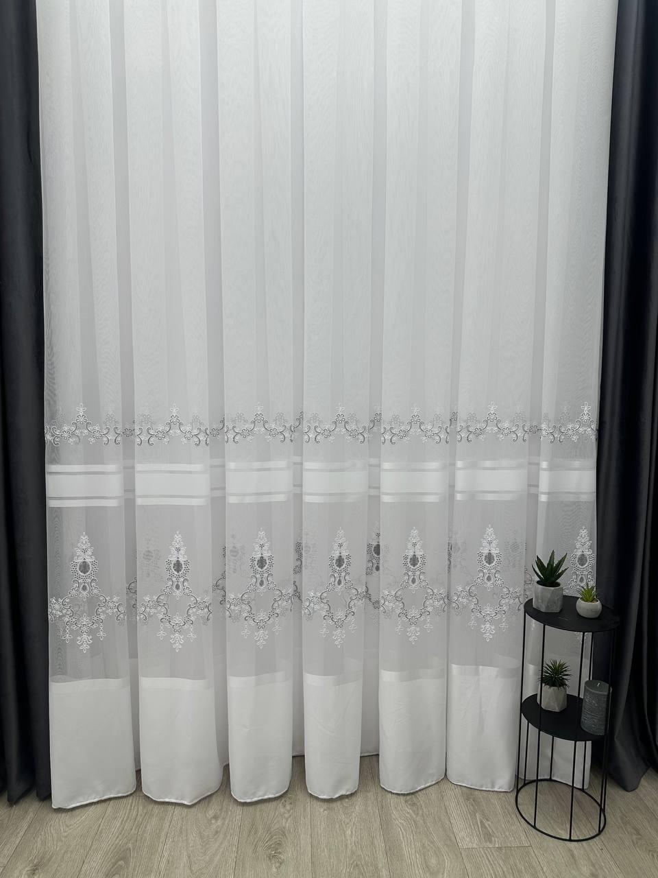 Тюль на бамбуковій основі зі смужками та вишивкою. Колір: сірий, фото 1