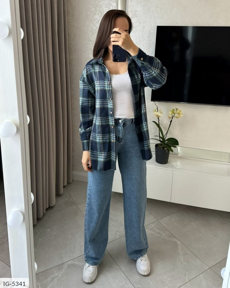 Сорочка жіноча стильна модна прогулянкова вільного фасону в карту подовжена фланель розмір 42-46