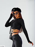 Топ жіночий стильний модний обтислий із довгим рукавом на пальчик і шнурівкою в рубчик розміри 42-48