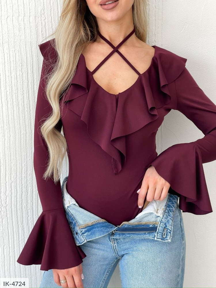 Боді жіноче красиве модне ефектне приталене довгий рукав із воланом розкльошений розміри 42-48