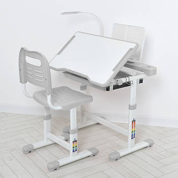 Дитяча парта Bambi M 5068 зі стільцем, регульованою висотою, нахилом стільниці, лампою та підставкою для книжок Сірий