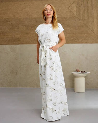 Довга сукня, літня в молочному кольорі з бежевими квітами "Аліна". Розміри від 44 до 58, фото 1