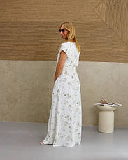 Довга сукня, літня в молочному кольорі з бежевими квітами "Аліна". Розміри від 44 до 58, фото 3