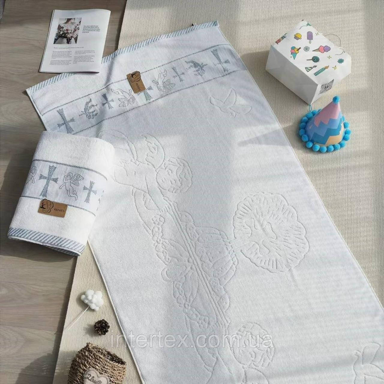 Крижма махрова біла (для хрещення) 140х70 см (срібна), фото 1