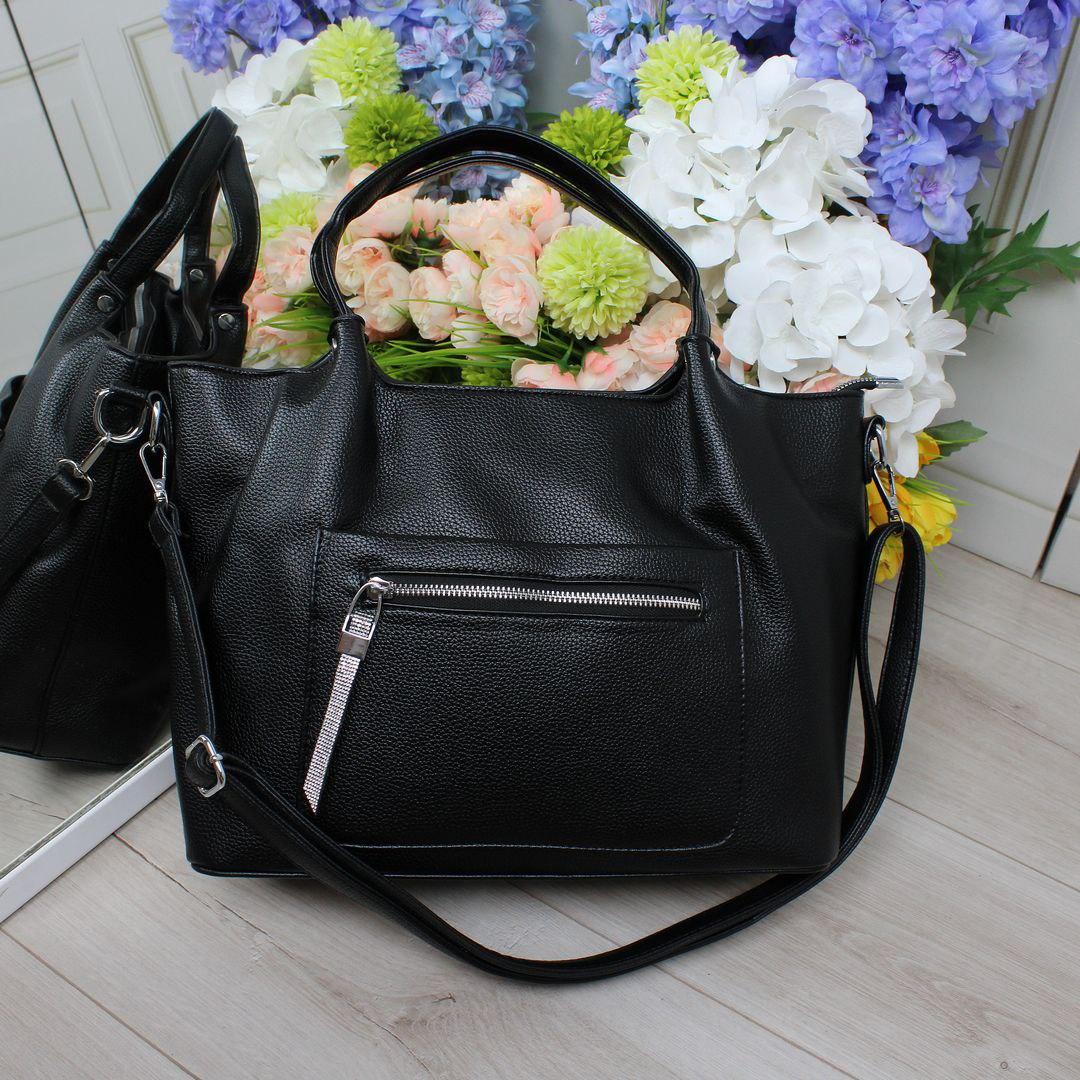 Жіноча велика сумка формату А4 модна красива чорна екошкіра