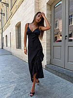 Літня шовкова сукня на бретелях з воланом кольори: лимон, молоко, рожевий, чорний | Розміри S-M, M-L