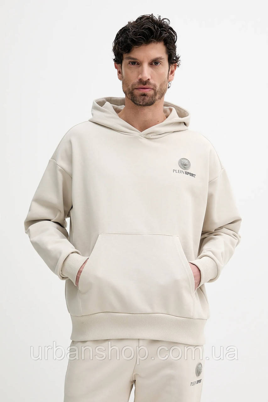 Urbanshop com ua Кофта PLEIN SPORT колір бежевий з капюшоном з принтом SAEC MJB3578 STE001N РОЗМІРИ ЗАПИТУЙТЕ