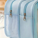 Косметичка зі штучної шкіри на 2 відділення у ванну кімнату для сухих і вологих речей, блакитна, фото 8