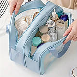 Косметичка зі штучної шкіри на 2 відділення у ванну кімнату для сухих і вологих речей, блакитна, фото 5