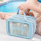 Косметичка зі штучної шкіри на 2 відділення у ванну кімнату для сухих і вологих речей, блакитна, фото 4