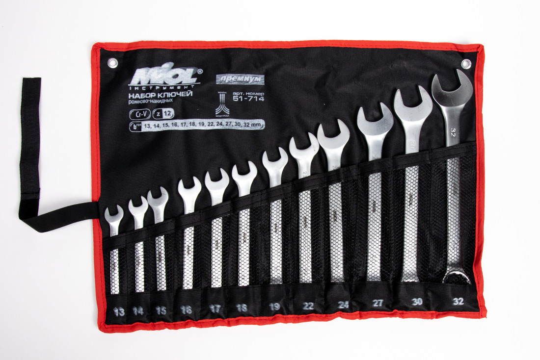 Набір ключів рожково-накидних CRV сатин 12 шт (13-32мм) в брезенті Миол 51-714