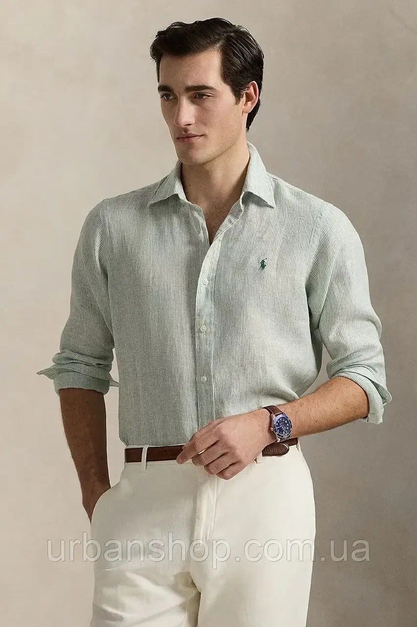 Urbanshop com ua Сорочка з льону Polo Ralph Lauren колір зелений regular комір button-down 710968973 РОЗМІРИ