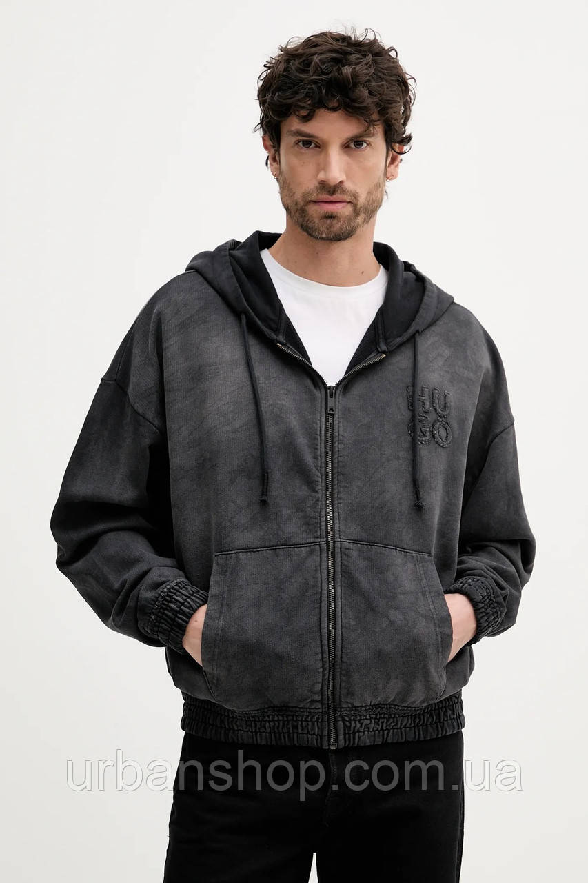 Urbanshop com ua Бавовняна кофта HUGO колір сірий з капюшоном однотонна 50535312 РОЗМІРИ ЗАПИТУЙТЕ