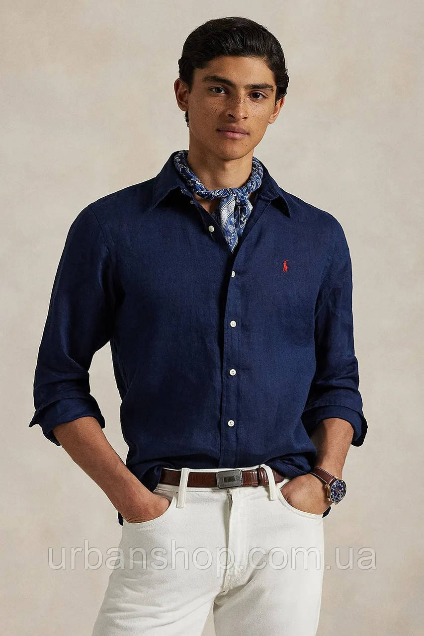Urbanshop com ua Сорочка з льону Polo Ralph Lauren колір синій slim комір button-down 710968915 РОЗМІРИ