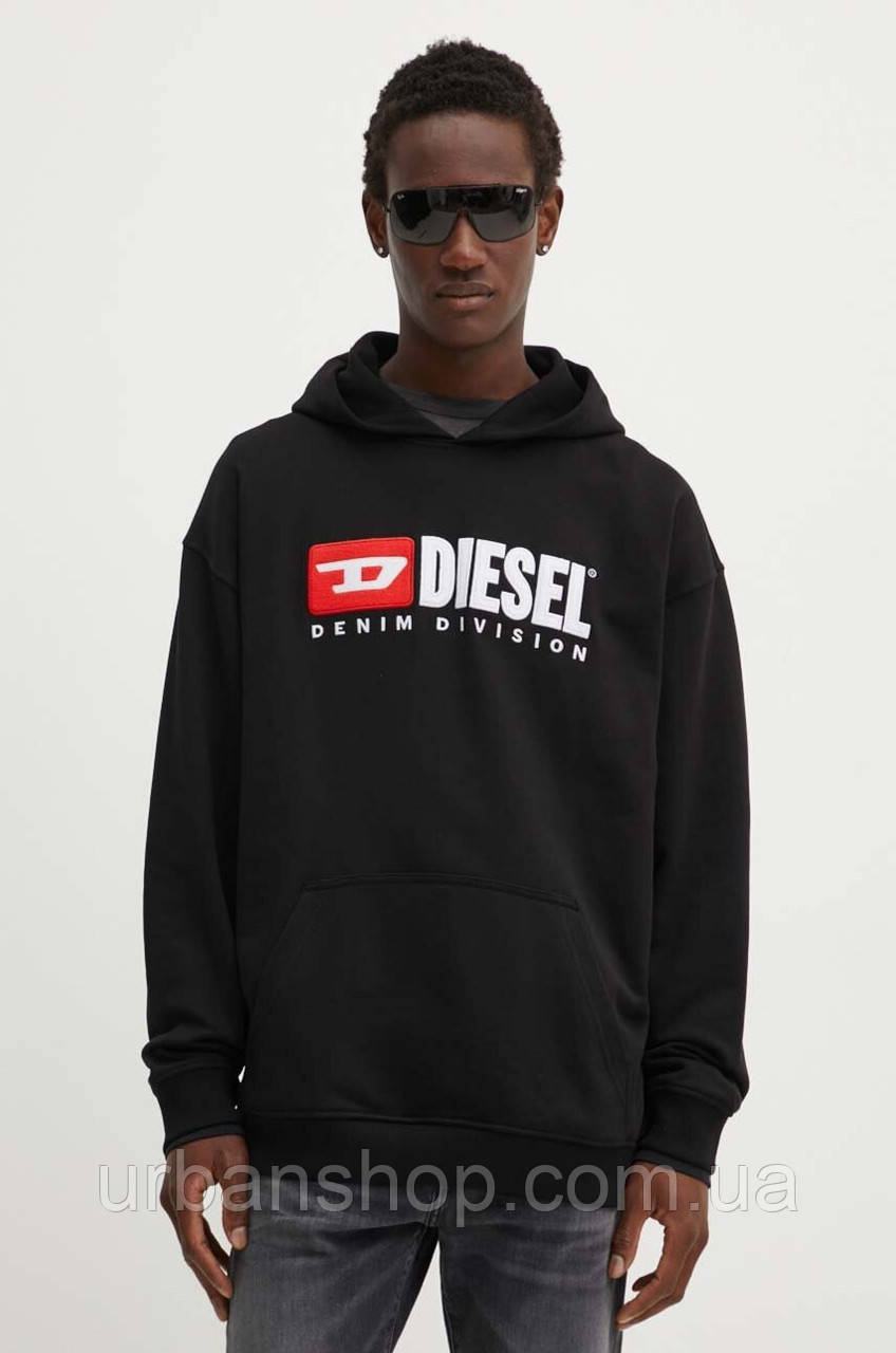 Urbanshop com ua Бавовняна кофта Diesel S-BOXT-HOOD-DIV чоловіча колір чорний з капюшоном з аплікацією