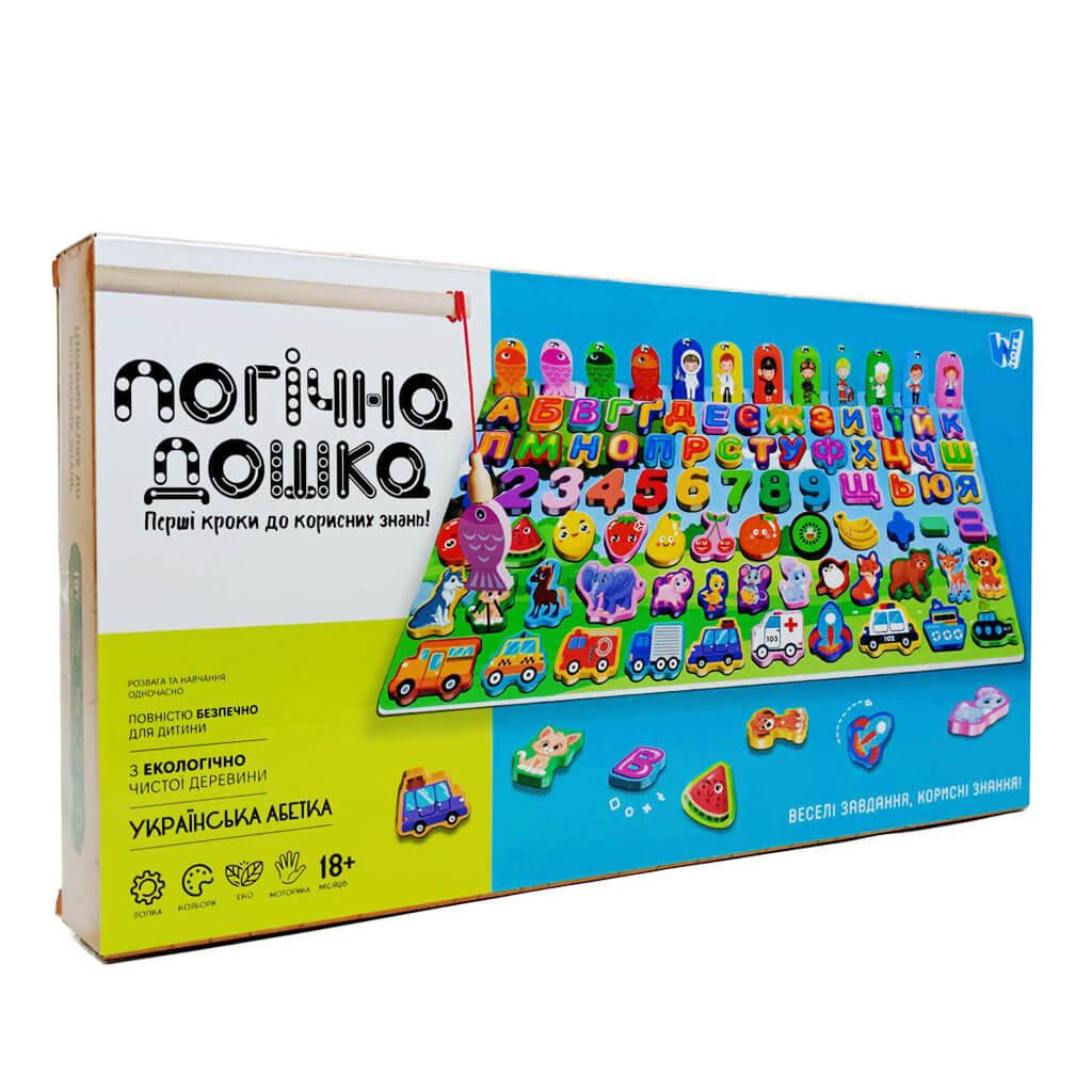 Дерев’яна розвивальна дошка WToys 31592 — сортер, риболовля, абетка, цифри, 6 в 1, фото 1