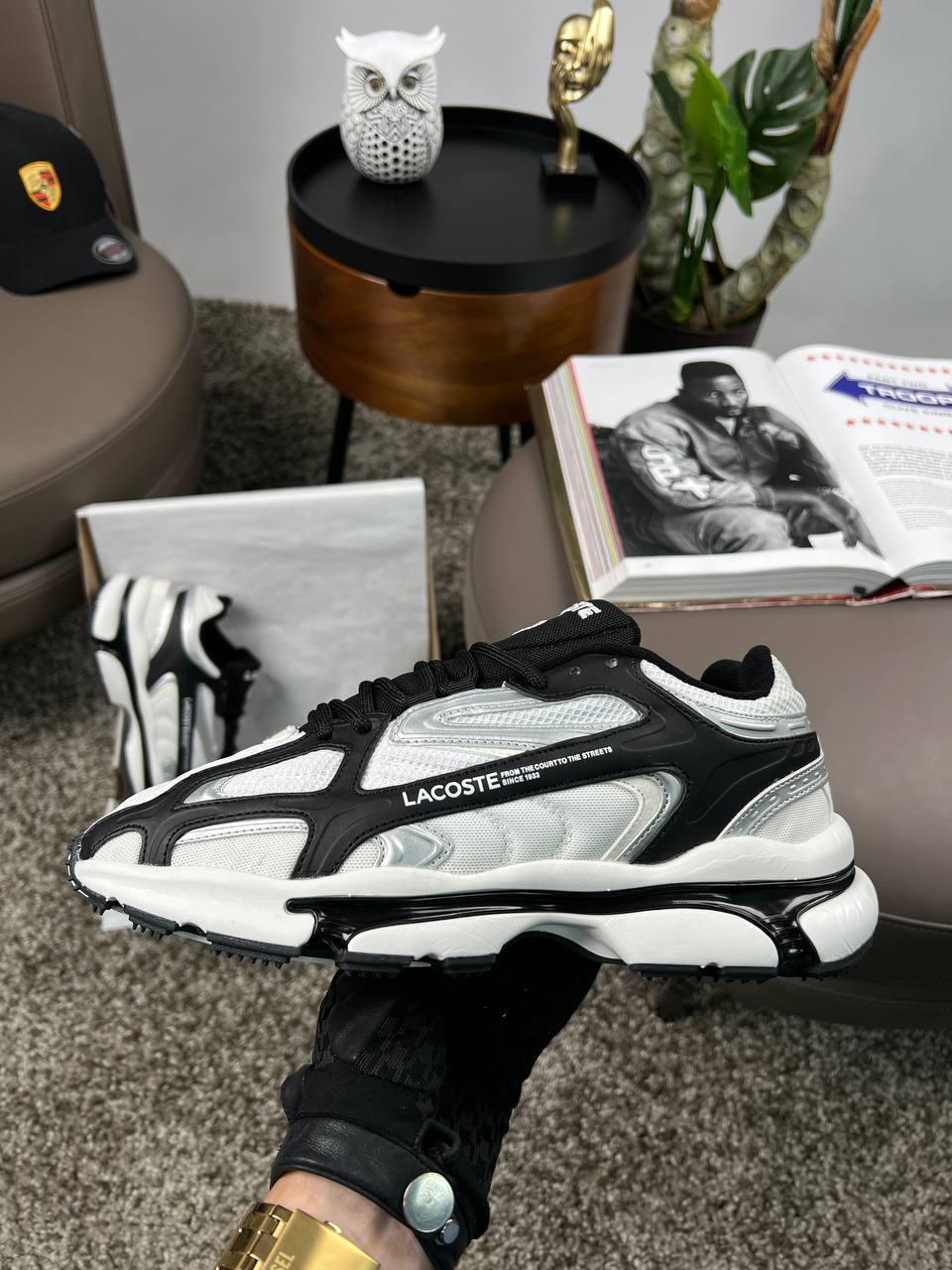 Чоловічі шкіряні текстиль кросівки Lacoste L003 2K24 PRM White Black Silver, кеди Лакоста білі. Чоловіче взуття