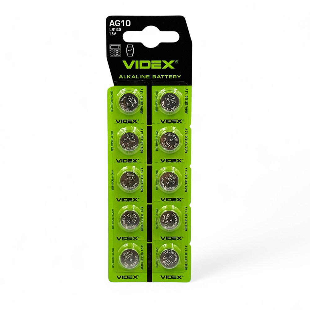Годинникові батарейки LR1130 / 189 / AG10 Videx Alkaline (1.5v) 10шт, фото 1