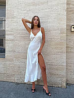 Літня шовкова сукня на бретелях з воланом кольори: лимон, молоко, рожевий, чорний | Розміри S-M, M-L