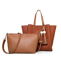 Жіноча сумка з китичками велика коричнева + клатч з екошкіри