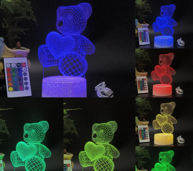 3D світильник мініBear Ведмедик Love з пультом ДК. Нічник настільний 3D мінілампа, фото 1