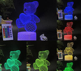 3D світильник мініBear Ведмедик Love з пультом ДК. Нічник настільний 3D мінілампа