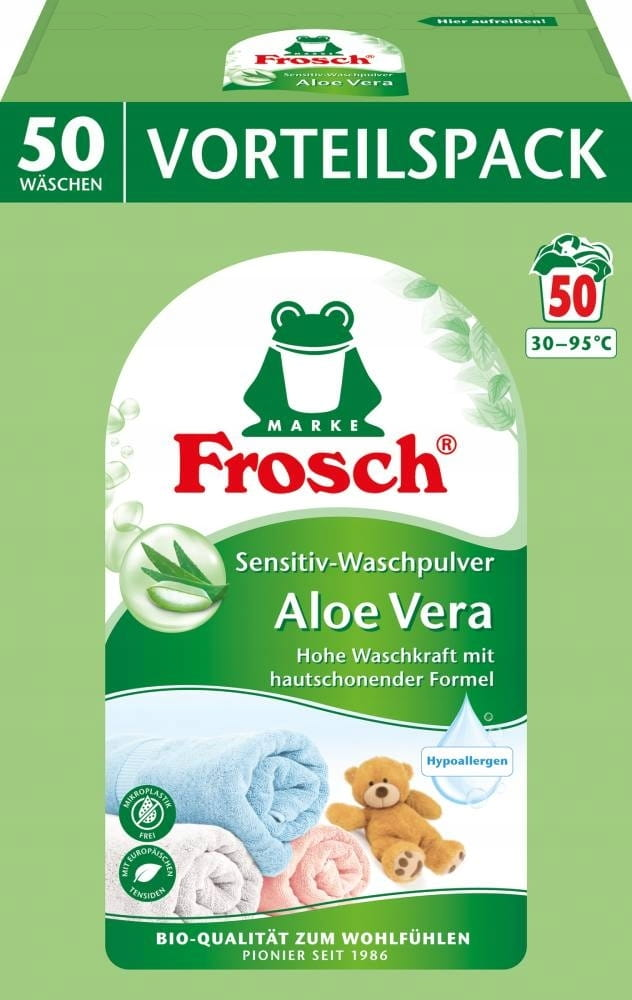 Гіпоалергенний пральний порошок Frosch Aloe Vera для кольорової та білої білизни, 3,3 кг (50 прань), фото 1