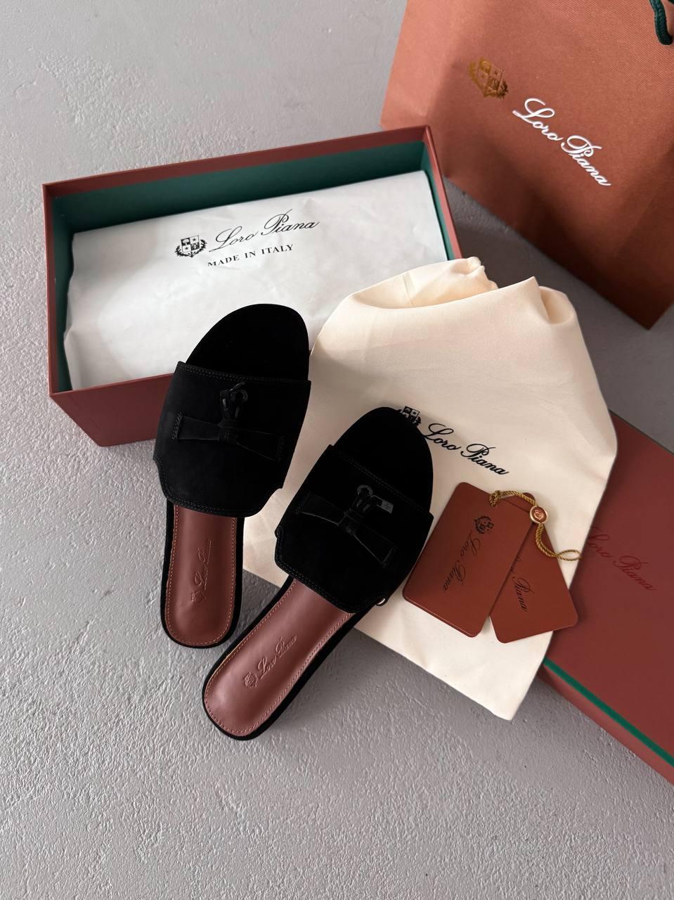 Чорні шльопанці жіночі Loro Piana Summer Charms Walk Sandals. Молодіжні літні шльопки жіночі Лоро Піана., фото 1