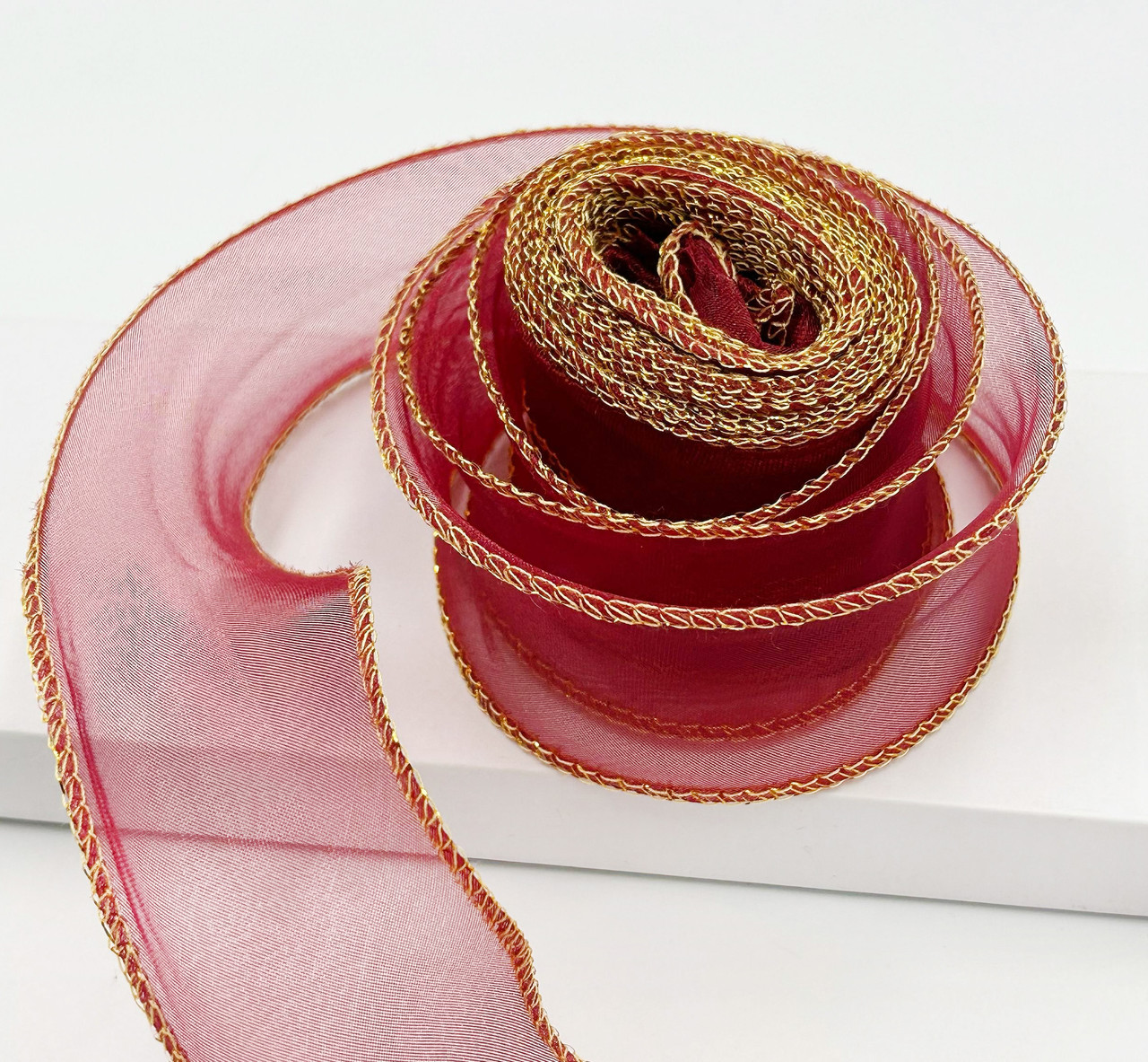 Органза хвиляста з Люрексом / 4,3 см / 8 метрів / Бордовий, фото 1