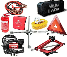 Набір автомобіліста Lada 9в1 з домкратом та компресором