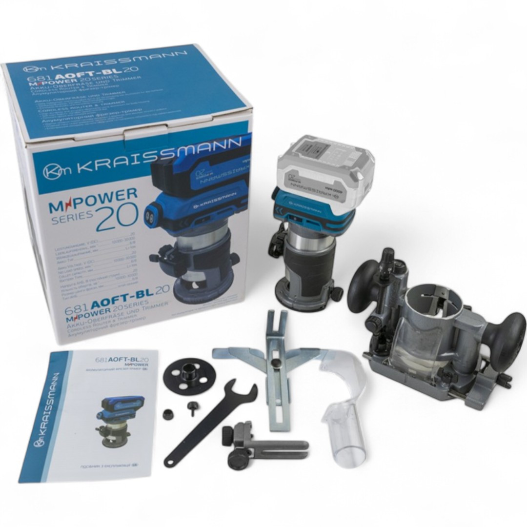 Акумуляторний фрезер KRAISSMANN 681 AOFT-BL 20MP (ТУШКА, 20B, 2 бази, цанги 6/8 мм, Безщітковий, НІМЕЧЧИНА), фото 1