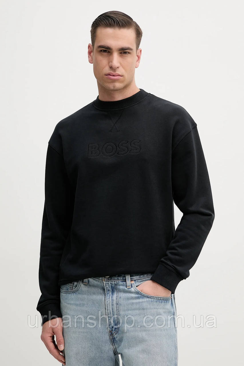 Urbanshop com ua Бавовняна кофта BOSS чоловіча колір чорний з аплікацією 50540505 РОЗМІРИ ЗАПИТУЙТЕ