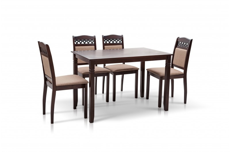 Обідня група Бродвей горіх темний - стіл із дерева гевеї з МДФ і 4 стільці зі світло-коричневою оббивкою