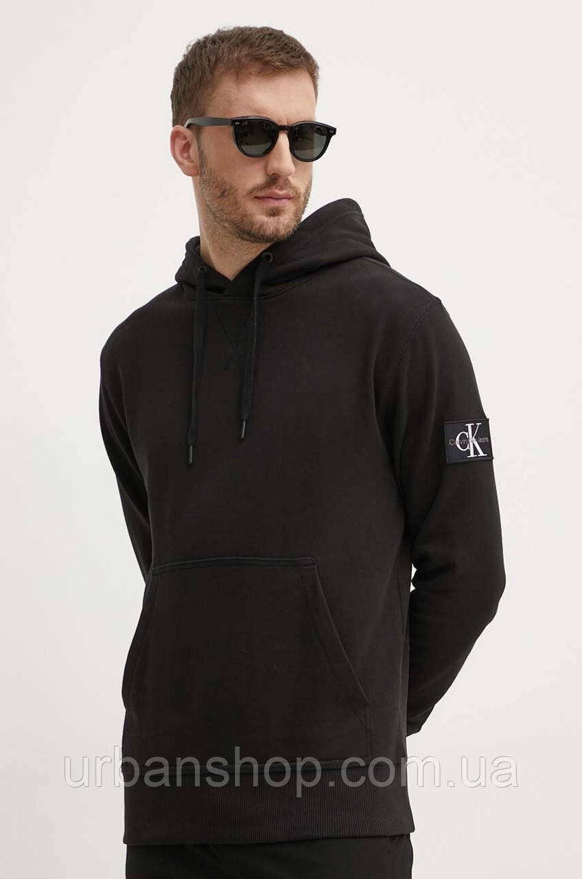 Urbanshop com ua Бавовняна кофта Calvin Klein Jeans чоловіча колір чорний з капюшоном з аплікацією РОЗМІРИ