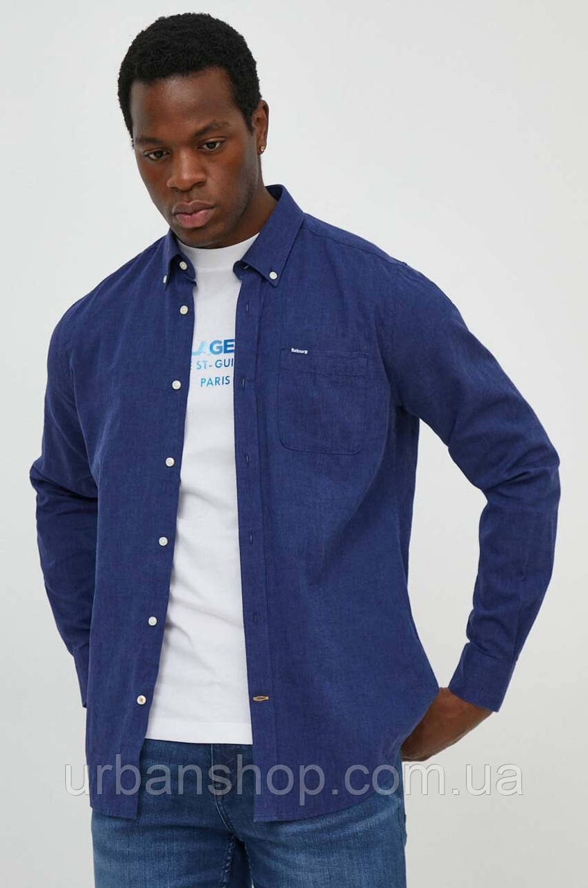 Urbanshop com ua Сорочка з льону Barbour колір синій slim комір button-down РОЗМІРИ ЗАПИТУЙТЕ