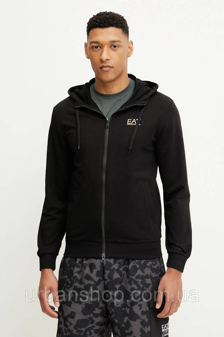 Urbanshop com ua Бавовняна кофта EA7 Emporio Armani чоловіча колір чорний з капюшоном з принтом PJVRZ.8NPM33