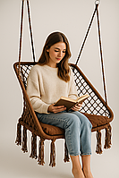 Крісло-гойдалка підвісна Плетена гойдалка квадратна WCG + м’яка подушка Коричнева