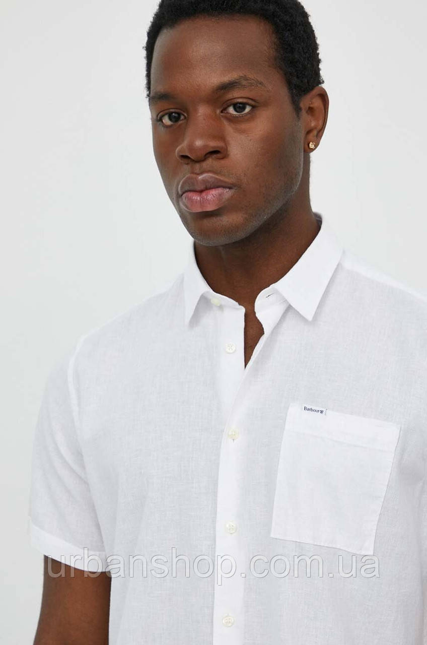 Urbanshop com ua Сорочка з льону Barbour колір білий regular класичний комір РОЗМІРИ ЗАПИТУЙТЕ