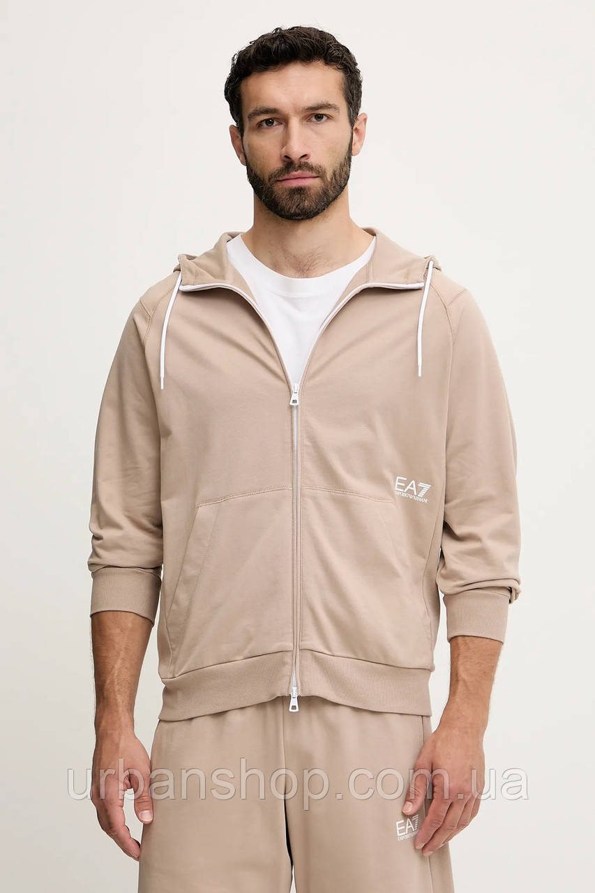 Urbanshop com ua Бавовняна кофта EA7 Emporio Armani колір бежевий з капюшоном однотонна AF12681.7M000203