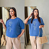 Синя вільна жіноча лляна футболка Троянда батал, фото 5