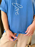 Синя вільна жіноча лляна футболка Троянда батал, фото 6