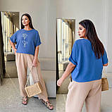 Синя вільна жіноча лляна футболка Троянда батал, фото 8