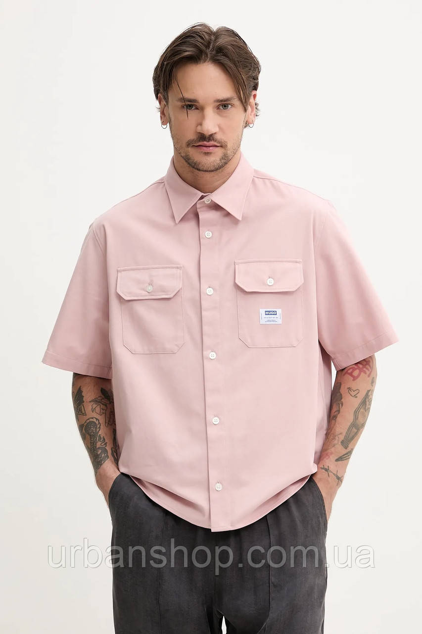 Urbanshop com ua Бавовняна сорочка Hugo Blue чоловіча колір рожевий regular класичний комір 50517871 РОЗМІРИ