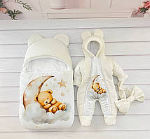 Спальник + комбінезон для новонароджених, принт ведмежа на хмарах, молочний