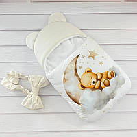 Теплий спальник для новонароджених дівчаток, принт ведмежа на хмарах, молочний