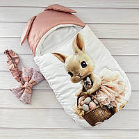 Теплий спальник для новонароджених дівчаток, принт білочка з кошиком, пудра