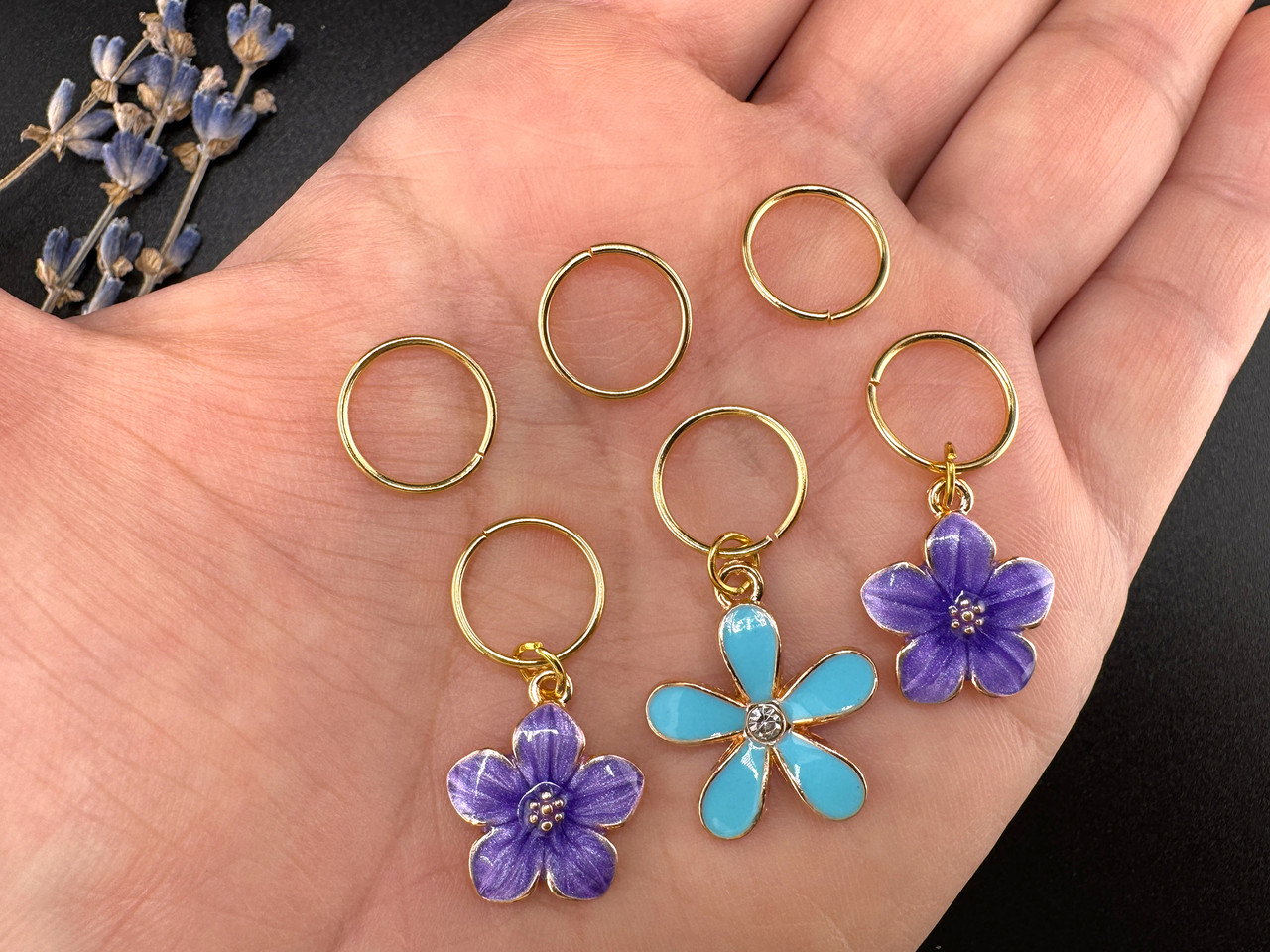 Пірсинг для волосся #153 — Блакитний і бузкові квіточки, золото, набір (6 шт.), фото 1