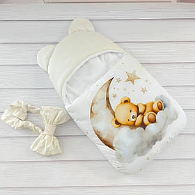 Спальник для новонароджених, молочний з принтом ведмежа на хмарі