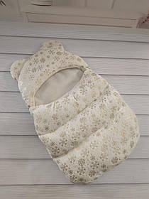 Конверт спальник для новонароджених, молочний з глітером золоті сніжинки