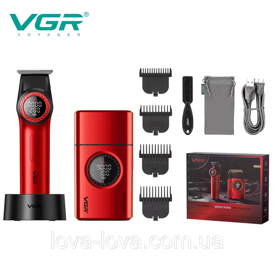 Комплект 2 в 1 акумуляторний тример для стриження волосся й акумуляторний шейвер VGR V-977 & VGR V-377 Red